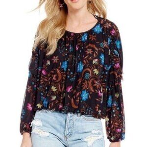 Free People Wildflower Honey Floral Ruffle Top Size XS Black New